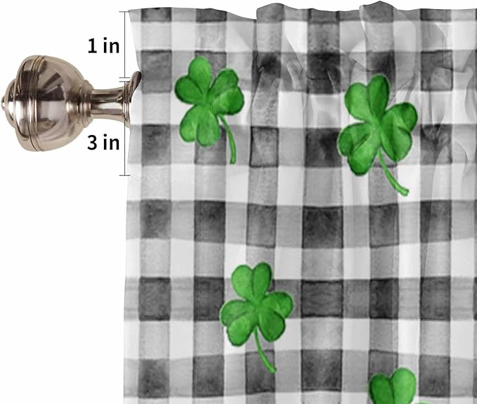 St. Patrick's Day Kitchen Curtains and Valances Set, Buffalo Plaid Shamrock Gnome Window Tiers Spring Holiday Farmhouse Decor Half/Short Curtains for Small Windows Cafe /Living Room/ Bedroom 54x 36