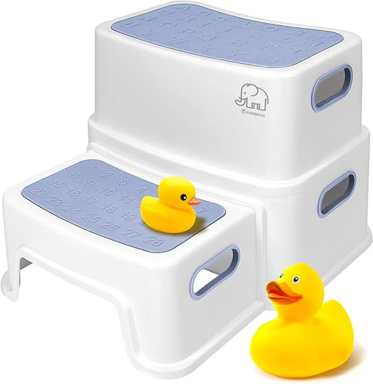 Forbena Kids Step Stool for Bathroom, 2 Step Stool for Toddlers Toilet Potty Training, Sturdy Children Plastic Step Stool for Bed Bathroom Counter Sink (White-Blue)