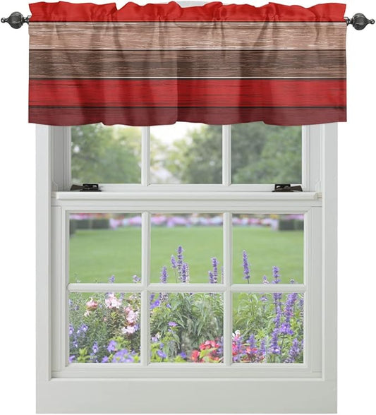Farmhouse Kitchen Curtains Valances for Windows , Christmas Red Brown Rod Pocket Country Window Treatment for Kitchen /Living Room/Bedroom/ Bathroom,42" X 18" -1 Panel, Retro Rustic Barn Wood Texture