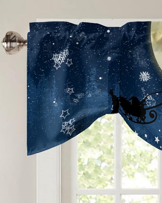 Christmas Blackout Tie Up Valance Curtains for Kitchen Windows Santa Claus Reindeer Window Toppers Balloon Shades for Living Room/Bathroom/Bedroom,1 Panel,60" X 18" Blue Snowy Night
