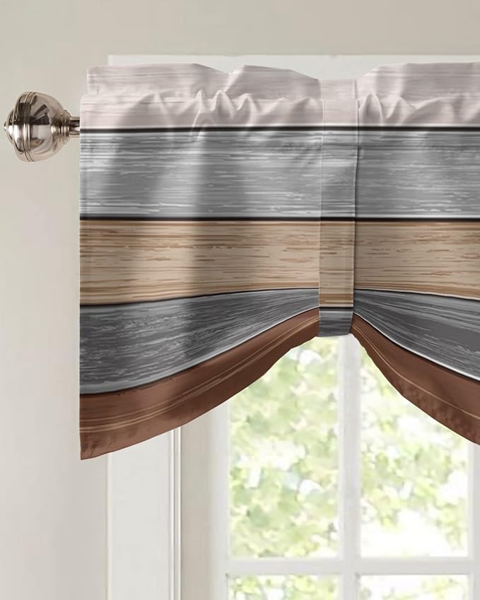 Farmhouse Fall Blackout Tie Up Valance Curtains for Kitchen Windows, Brown Grey Window Toppers Balloon Shades for Living Room/Bathroom/Bedroom,1 Panel,42" X 18" Retro Rustic Barn Wood Texture