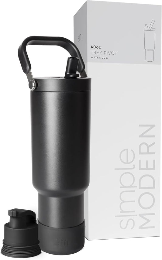 Simple Modern Trek Pivot | 40oz Flip Straw Tumbler with Handle | Water Bottle & Boot | Interchangeable Straw & Chug Lids | Insulated Stainless Steel Jug | Gym Sports Outdoors | Midnight Black