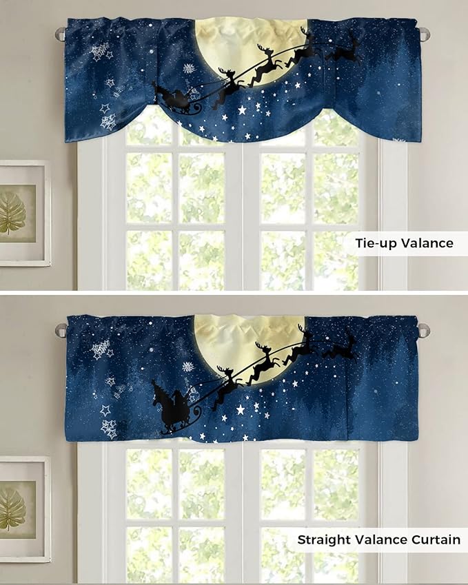 Christmas Blackout Tie Up Valance Curtains for Kitchen Windows Santa Claus Reindeer Window Toppers Balloon Shades for Living Room/Bathroom/Bedroom,1 Panel,60" X 18" Blue Snowy Night