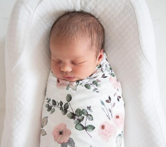 Newborn Baby Girl Swaddle and Headband Sets Receiving Blanket Stretchy Knit Swaddle Set(Green Leaf and Pink Floral)