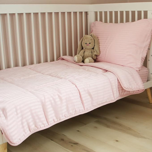 Toddler Bedding Set - 4 Piece Soft Crib Bedding Set for Girls, Includes Toddler Comforter, Flat Sheet, Fitted Sheet and Pillowcase, Pink Stripe