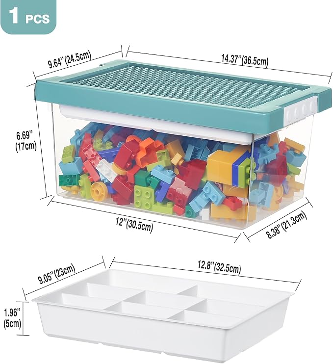 loobuu Plastic Storage Bins with Lids - 1 Set Stackable Arts Crafts Organizer Box with Removable Divided Tray &Compatible Building Baseplate,Toy Chest Containers for Bricks -Green(14.37"x9.64"x6.69")