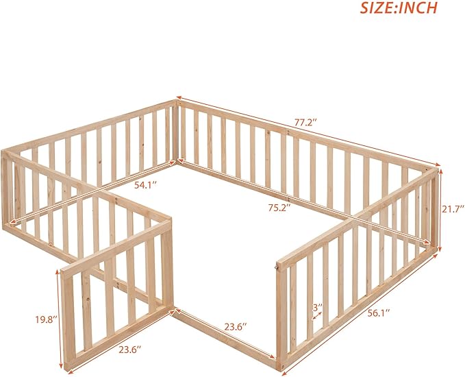 Full Size Floor Bed with Fence, Solid Wood Floor Bed Frame for Kids with Door, Twin Platform Bed for Boys and Girls Kids Teens, Fun Design, for Children Bedroom