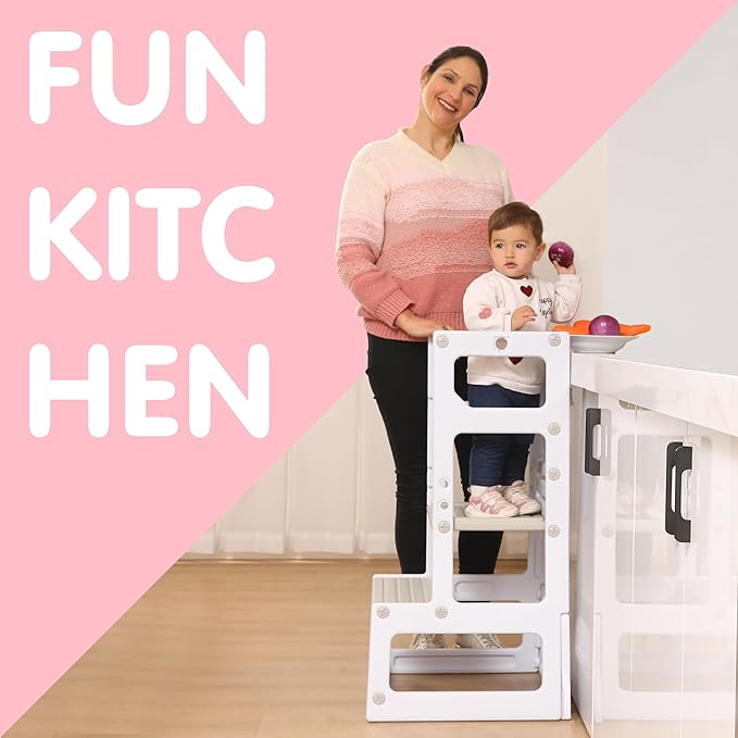 SDADI Mother's Helper Adjustable Height Plastic Kitchen Step Stool for Children, Kids Toddlers Counter Level Learning Stool for Kitchen & Bathroom,Beige and Light Grey