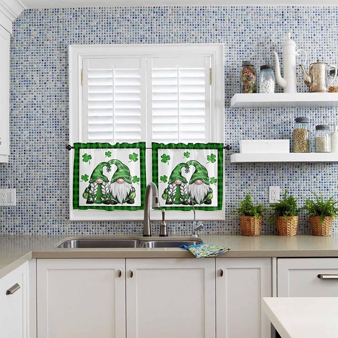 Gnome St. Patrick's Day Kitchen Curtains and Valances Set, Buffalo Plaid Shamrock Window Tiers Seasonal Spring Holiday Half/Short Curtains for Small Windows Cafe /Living Room/ Bedroom 54x24 in