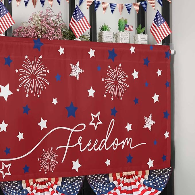 Patriotic 4th of July Kitchen Curtains Valances for Windows Red White Blue Stars Freedom Rod Pocket Window Treatment for Kitchen /Living Room/Bedroom/ Bathroom, 60" X 18", Memorial Day Summer