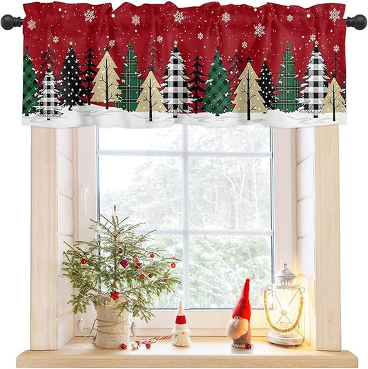 Red Merry Christmas Valance Curtains for Kitchen Windows Green Christmas Tree Rod Pocket Window Treatment Toppers for Kitchen/Living Room/Bedroom/Bathroom, 60" X 18", White Snow Forest Winter