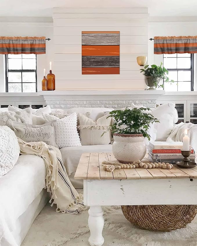 Farmhouse Kitchen Curtains Thanksgiving Fall Valances for Windows Burnt Orange Gray Rod Pocket Country Window Treatment for Kitchen /Living Room/Bedroom/ Bath,60" X 18" -1 Panel, Rustic Wood Texture