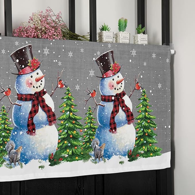 Christmas Snowman Kitchen Curtains Valances for Windows Winter Holidays Cardinal White Snowflake Rod Pocket Window Treatment for Kitchen /Living Room/Bedroom/ Bathroom,60" X 18" -1 Panel, Gray