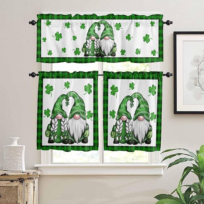 Gnome St. Patrick's Day Kitchen Curtains and Valances Set, Buffalo Plaid Shamrock Window Tiers Seasonal Spring Holiday Half/Short Curtains for Small Windows Cafe /Living Room/ Bedroom 54x24 in