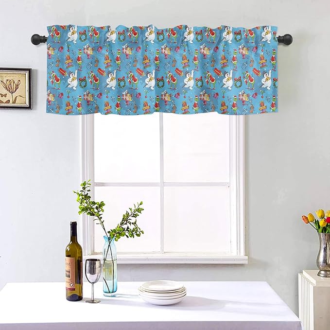 Snowman and Grin-ch Christmas Window Valance for Kitchen Living Room Retro Style Window Curtain for Bedroom Funny Christmas Window Valance Rod Pocket Window Treatment Christmas Decors, 54" W x 18" L