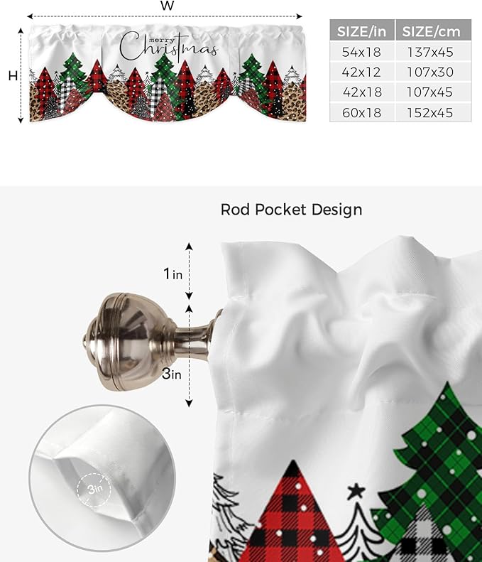 Merry Christmas Blackout Tie Up Valance Curtains for Kitchen Windows Buffalo Plaid Xmas Tree Winter Forest Farmhouse Window Toppers Balloon Shades for Living Room/Bath/Bedroom, 54" X 18", Red Green