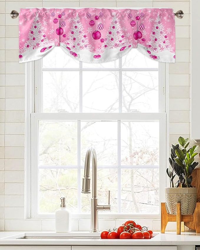 Pink Christmas Blackout Tie Up Valance Curtains for Kitchen Windows White Xmas Tree Snowflakes Pink Balls Window Toppers Balloon Shades for Living Room/Bathroom/Bedroom,1 Panel, 42" X 12", Winter