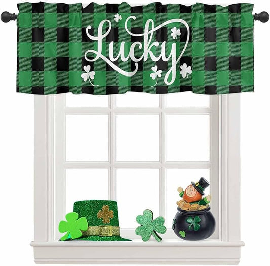 St. Patrick's Day Buffalo Plaid Kitchen Curtains Valances for Windows Lucky Shamrocks Clover Rod Pocket Window Treatment for Kitchen /Living Room/Bedroom/ Bathroom, 54" X 18", Rustic Green Black