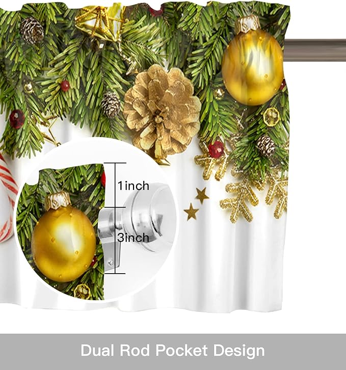 Christmas Kitchen Curtains Valances for Windows Pine Cones Rod Pocket Window Treatment for Kitchen/Living Room/Bedroom/Bathroom,60" X 18" -1 Panel, Golden Ornament Balls