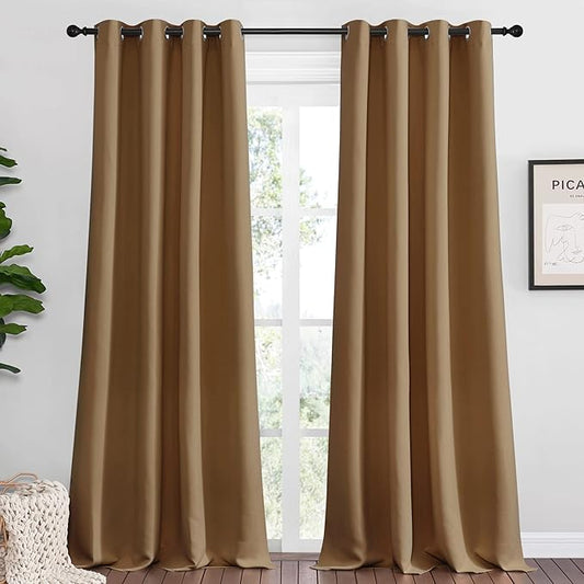 NICETOWN Sleek Blackout Curtains 90 inches Length for Windows, Noise Reducing and Block Draft Panels for Door Doorway Laundry Office Luxury Decor Theme (2 Panels, Gold Brown, W55 x L90 -Inch)