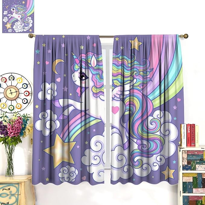 Kids Unicorn Curtains Purple Cartoon Rainbow Cartoon Room Blackout Curtains Boys Girls Baby Room Decor Curtains Living Room Decor 42x54 Inch 2 Panels