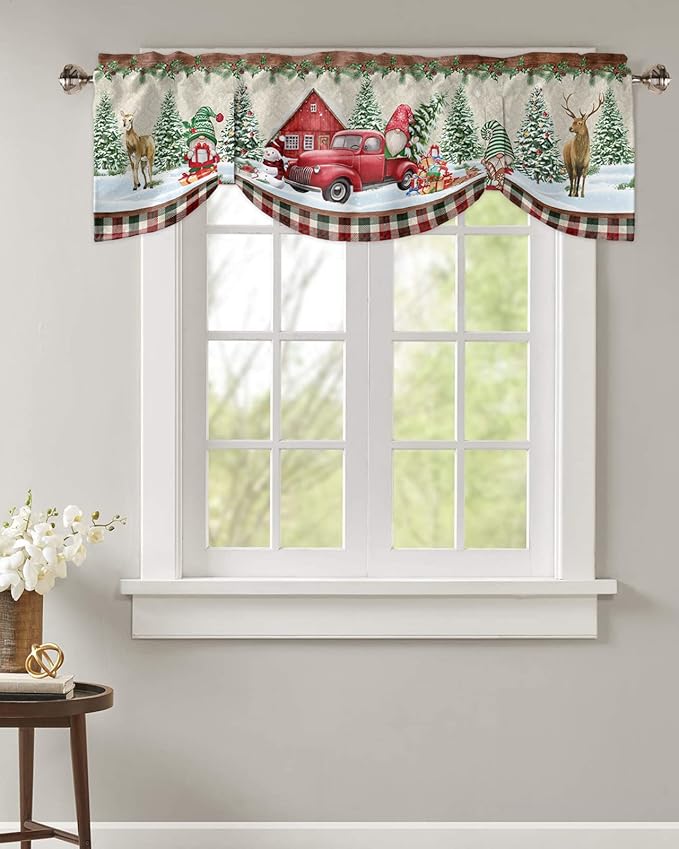 Christmas Farmhouse Blackout Tie Up Valance Curtains for Kitchen Windows Red Truck Gnomes Window Toppers Balloon Shades for Living Room/Bathroom/Bedroom,1 Panel,60" X 18" Winter Holiday Snowman
