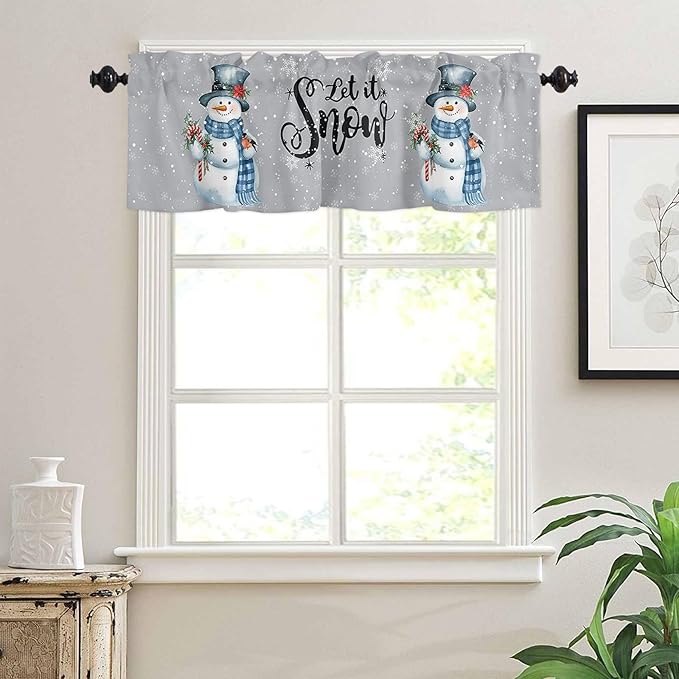Snowman Christmas Valance Curtains for Kitchen Windows Let It Snow Winter Holiday Rod Pocket Window Treatment Toppers for Kitchen/Living Room/Bedroom/Bathroom, 60" X 18", Grey White