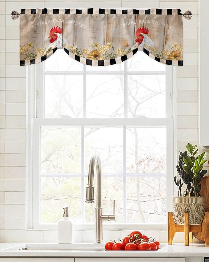 Farmhouse Blackout Tie Up Valance Curtains for Kitchen Windows Sunflower Vintage Farm Chicken Window Toppers Balloon Shades for Living Room/Bathroom/Bedroom,1 Panel,42" X 12" Black White Plaid