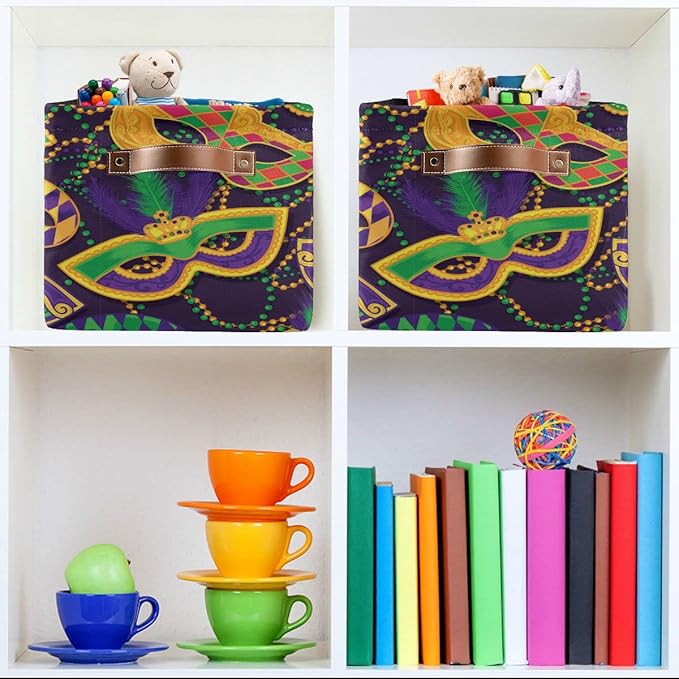 Mardi Gras Accessories Mask Beads Confetti Feather Storage Basket Fabric Laundry Baskets Fleur de Lis Purple Gold Green Storage Boxes Organizer Bag Cloth Toy Book Storage Cubes Shelf Bins 16×12×8