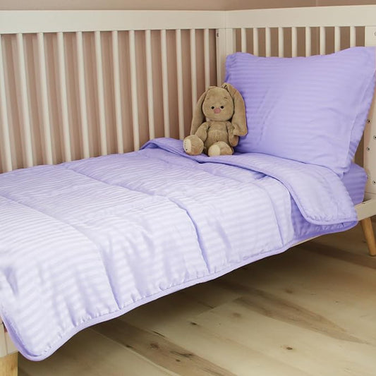 Toddler Bedding Set - 4 Piece Soft Crib Bedding Set for Girls, Includes Toddler Comforter, Flat Sheet, Fitted Sheet and Pillowcase, Purple Stripe