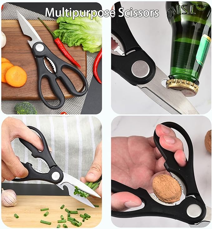Magicorange 7-Piece Kitchen Knife Set - 5 Black Stainless Steel Knives with Sheaths, Cutting Board, and a Knife Block- Stainless Steel Kitchen Knives with PP Ergonomic Handle (Black)