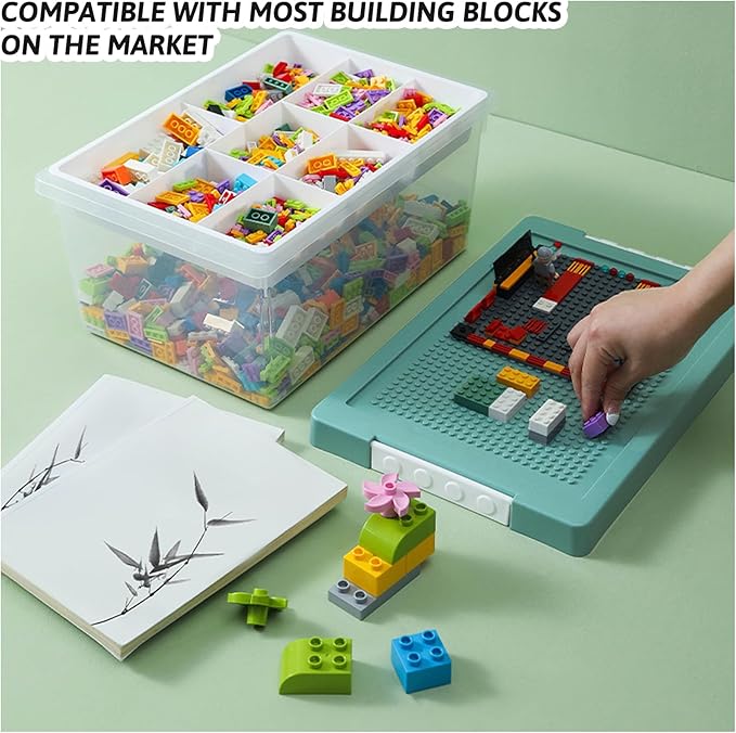 loobuu Plastic Storage Bins with Lids - 3 Set Stackable Arts Crafts Organizer Box with Removable Divided Tray & Compatible Building Baseplate, Toy Chest Containers for Bricks (14.37"x9.64"x6.69")