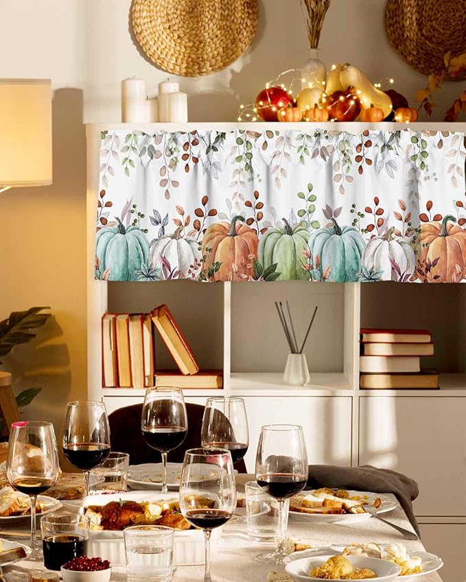 Fall Thanksgiving Kitchen Curtains Valances for Windows Autumn Pumpkins Eucalyptus Leaves Rod Pocket Window Treatment for Kitchen /Living Room/Bedroom/ Bathroom, 42" X 18", Blue Sage Green Orange