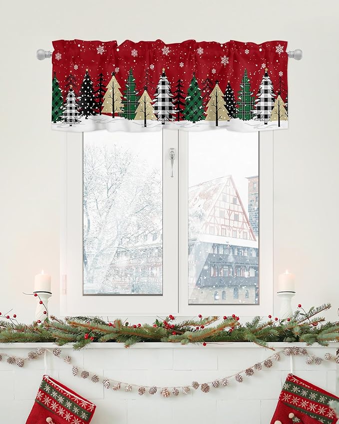 Red Merry Christmas Valance Curtains for Kitchen Windows Green Christmas Tree Rod Pocket Window Treatment Toppers for Kitchen/Living Room/Bedroom/Bathroom, 60" X 18", White Snow Forest Winter