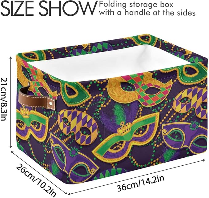 Mardi Gras Accessories Mask Beads Confetti Feather Storage Basket Fabric Laundry Baskets Fleur de Lis Purple Gold Green Storage Boxes Organizer Bag Cloth Toy Book Storage Cubes Shelf Bins 16×12×8