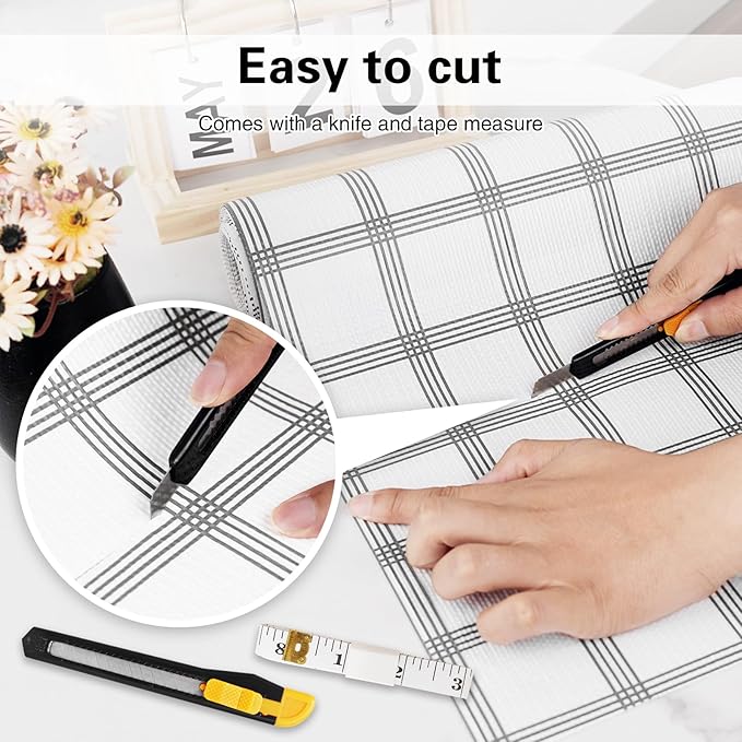 Shelf Liner,Drawer Liner for Kitchen Cabinet,18 in x 20 FT Cabinet Liners Non-Adhesive Non-Slip Contact Paper Waterproof Kitchen Liner Protect Desks, Cupboard with Knife and Tape Measure