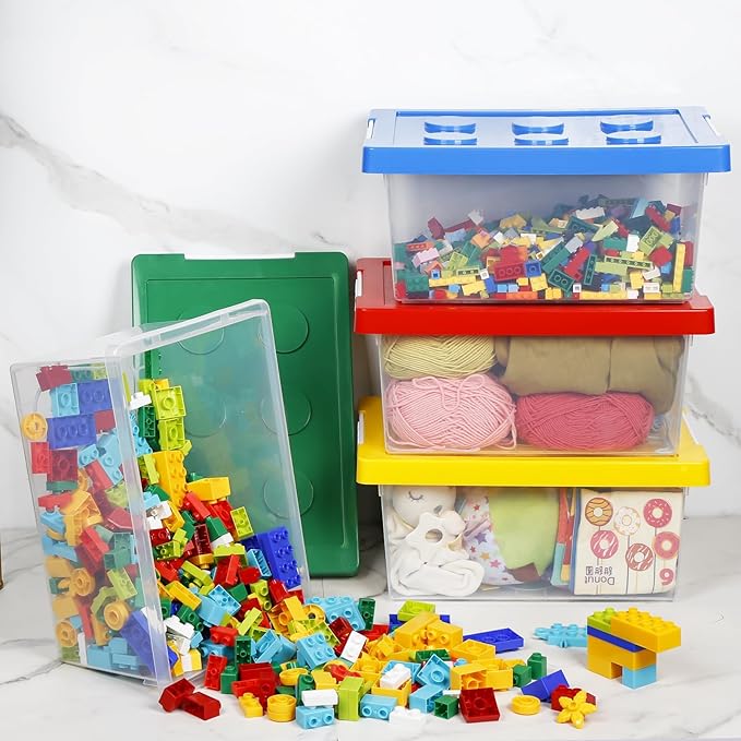 loobuu Plastic Storage Bins with Lids - Stackable Toy Storage Organizer Box Set of 4, Kids Toy Chests Container with Compatible Building Baseplate and Lid for Building Bricks - Yellow+Red+Blue+Green