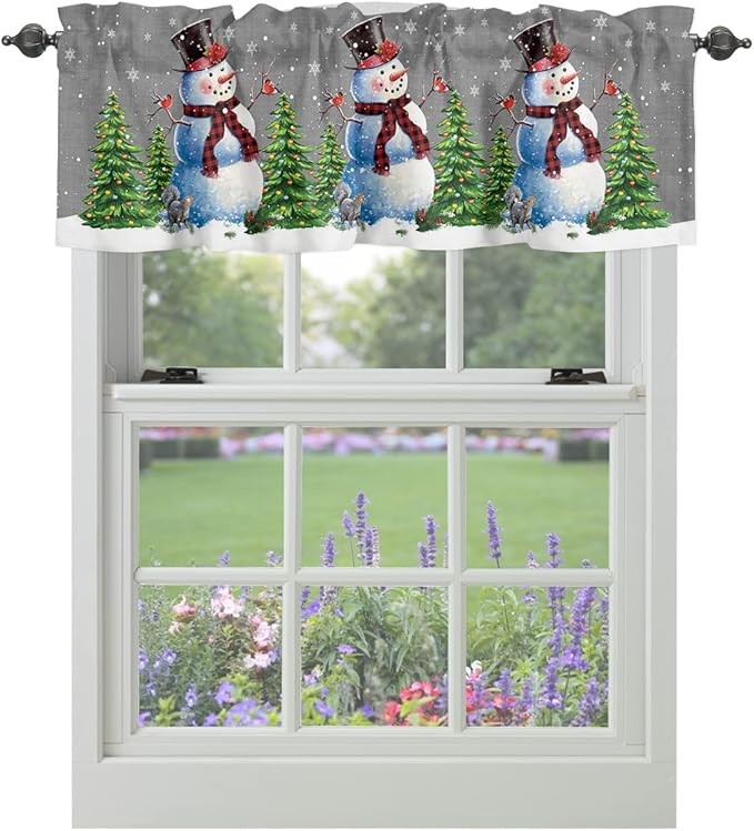 Christmas Snowman Kitchen Curtains Valances for Windows Winter Holidays Cardinal White Snowflake Rod Pocket Window Treatment for Kitchen /Living Room/Bedroom/ Bathroom,60" X 18" -1 Panel, Gray