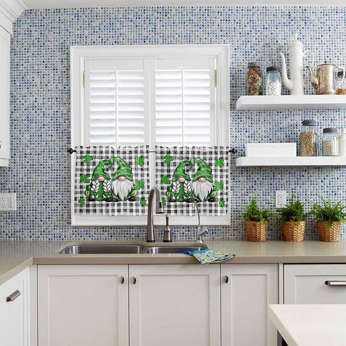 St. Patrick's Day Kitchen Curtains and Valances Set, Buffalo Plaid Shamrock Gnome Window Tiers Spring Holiday Farmhouse Decor Half/Short Curtains for Small Windows Cafe /Living Room/ Bedroom 54x 36