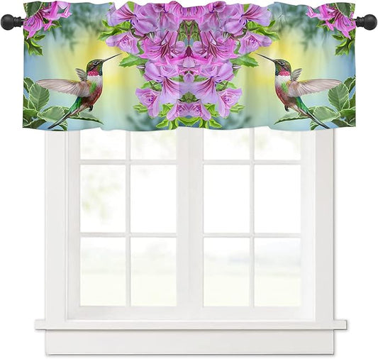 Pink Flowers Valance Curtains for Kitchen Window, Hummingbird Rod Pocket Valances Window Treatments Short Curtains for Bedroom/Living Room,54" X 18" -1 Panel,
