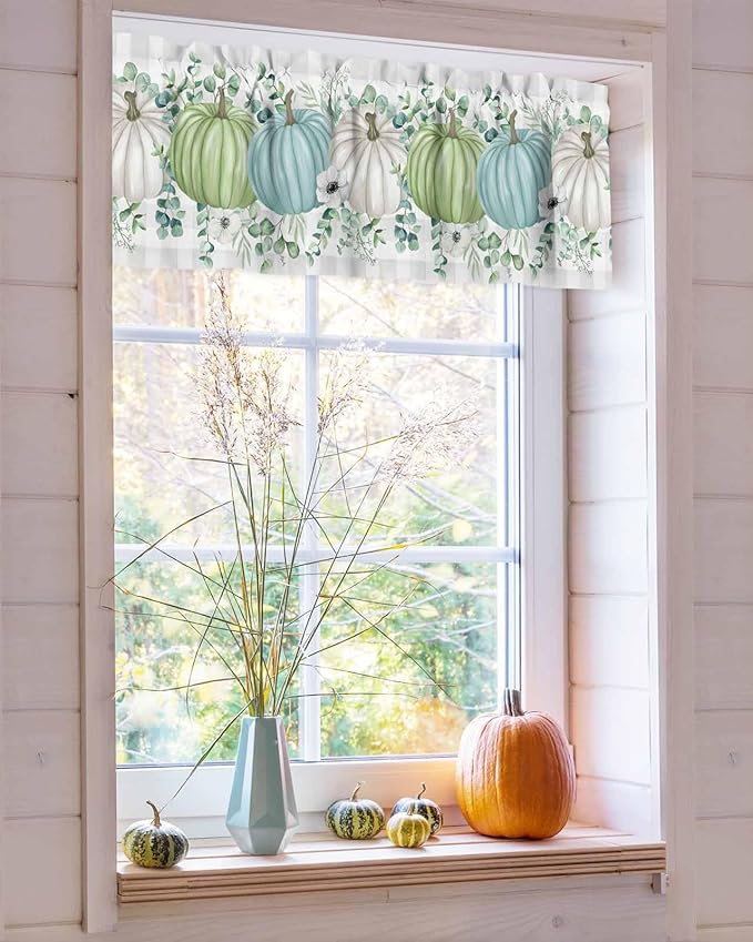Fall Thanksgiving Kitchen Curtains Valances for Windows Autumn Pumpkins Eucalyptus Leaves Rod Pocket Window Treatment for Kitchen /Living Room/Bedroom/ Bathroom, 60" X 18", White Blue Green Gray Plaid