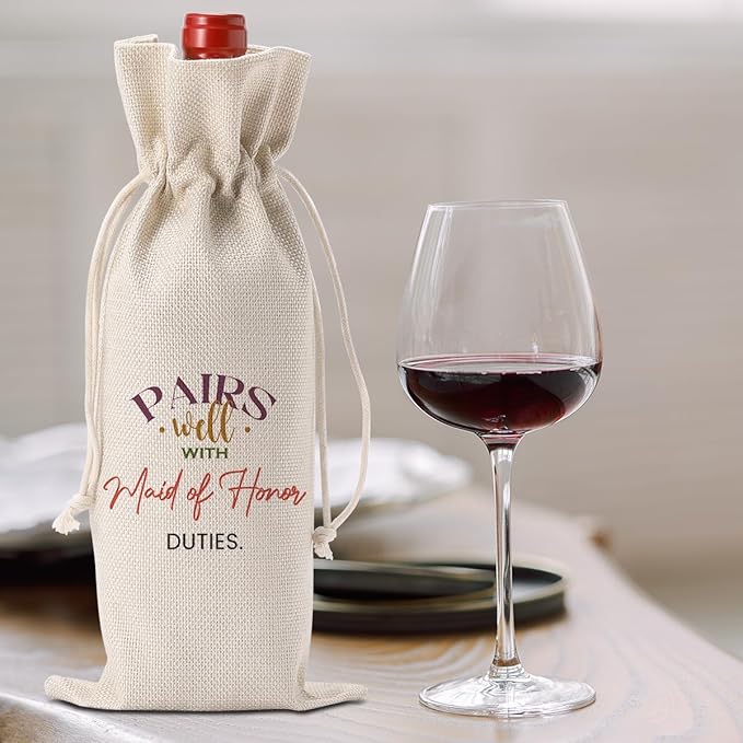 Maid of Honor Bridesmaid Proposal Gifts, Maid of Honor Bridesmaid Wine Bag, Wedding Engagement Gift for Maid of Honor Bridesmaid Wine Bottle Bag, Pairs Well with Maid of Honor Duties Wine Bags