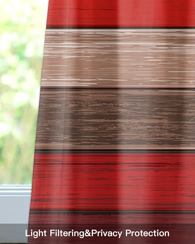 Farmhouse Kitchen Curtains Valances for Windows , Christmas Red Brown Rod Pocket Country Window Treatment for Kitchen /Living Room/Bedroom/ Bathroom,42" X 18" -1 Panel, Retro Rustic Barn Wood Texture