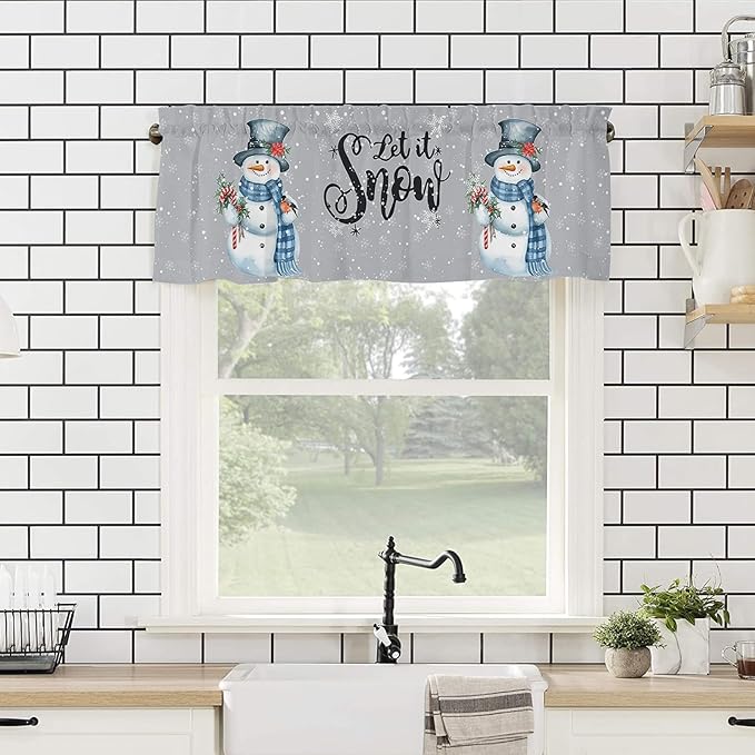 Snowman Christmas Valance Curtains for Kitchen Windows Let It Snow Winter Holiday Rod Pocket Window Treatment Toppers for Kitchen/Living Room/Bedroom/Bathroom, 60" X 18", Grey White