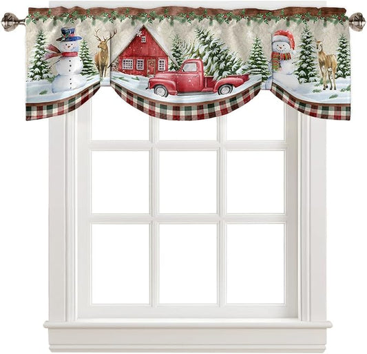 Christmas Farmhouse Blackout Tie Up Valance Curtains for Kitchen Windows Snowman Farm Red Truck Window Toppers Balloon Shades for Living Room/Bathroom/Bedroom,1 Panel,54" X 18" Winter Holiday