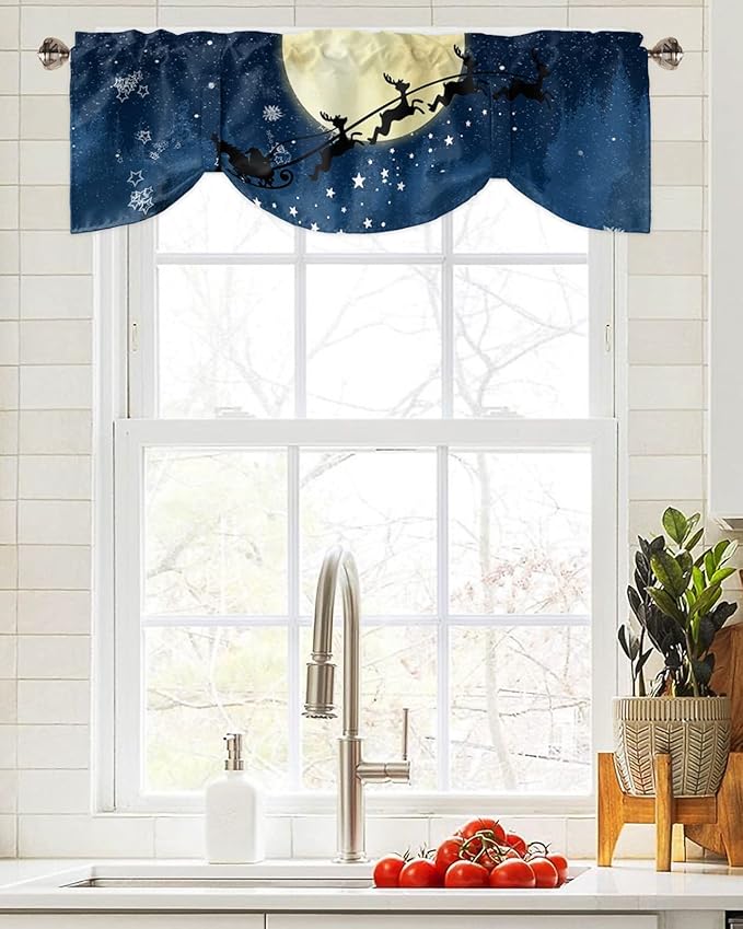 Christmas Blackout Tie Up Valance Curtains for Kitchen Windows Santa Claus Reindeer Window Toppers Balloon Shades for Living Room/Bathroom/Bedroom,1 Panel,60" X 18" Blue Snowy Night
