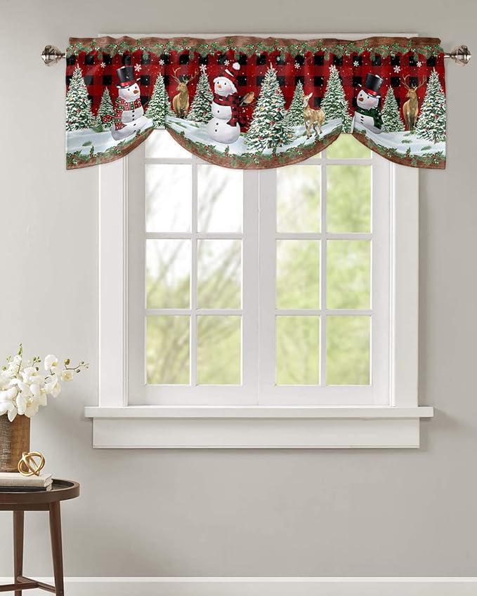 Christmas Snowman Blackout Tie Up Valance Curtains for Kitchen Windows Christmas Tree Window Toppers Balloon Shades for Living Room/Bathroom/Bedroom,1 Panel,60" X 18" Red Xmas Snowy Winter