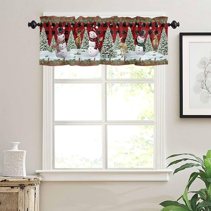Christmas Snowman Valance Kitchen Curtains for Windows, Christmas Tree Rod Pocket Valances Window Treatments Red Xmas Snowy Winter Short Curtains For Bedroom/ Living Room, 54" X 18" -1 Panel