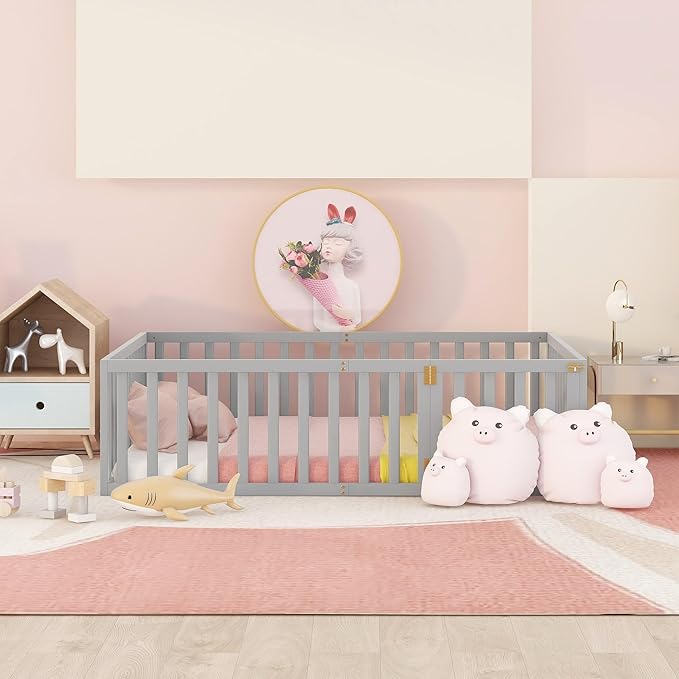 Full Size Floor Bed with Fence, Solid Wood Floor BedFrame for Kids with Door, Twin Platform Bed for Boys and Girls Kids Teens, Fun Design, for Children Bedroom