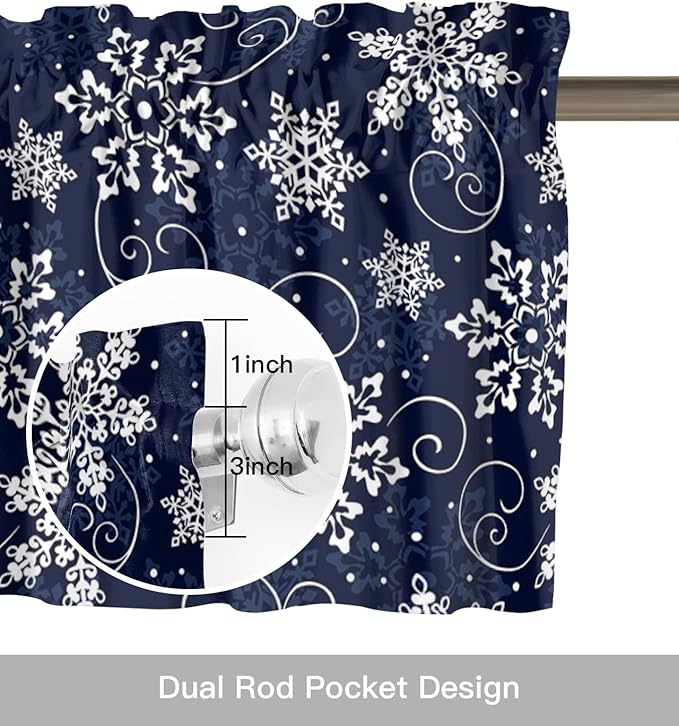 Christmas Valance Curtains for Kitchen Windows White Navy Snowflakes Pattern Rod Pocket Window Treatment Toppers for Kitchen/Living Room/Bedroom/Bathroom, 42" X 12", Winter